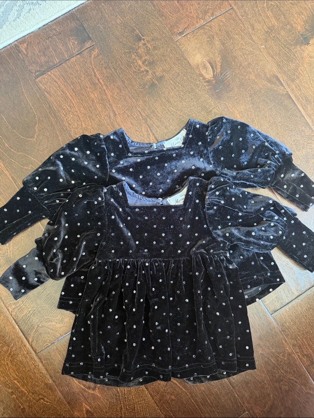 TWIN Black Velvet Long-Sleeve Tunic or Dress with Silver Polka Dots